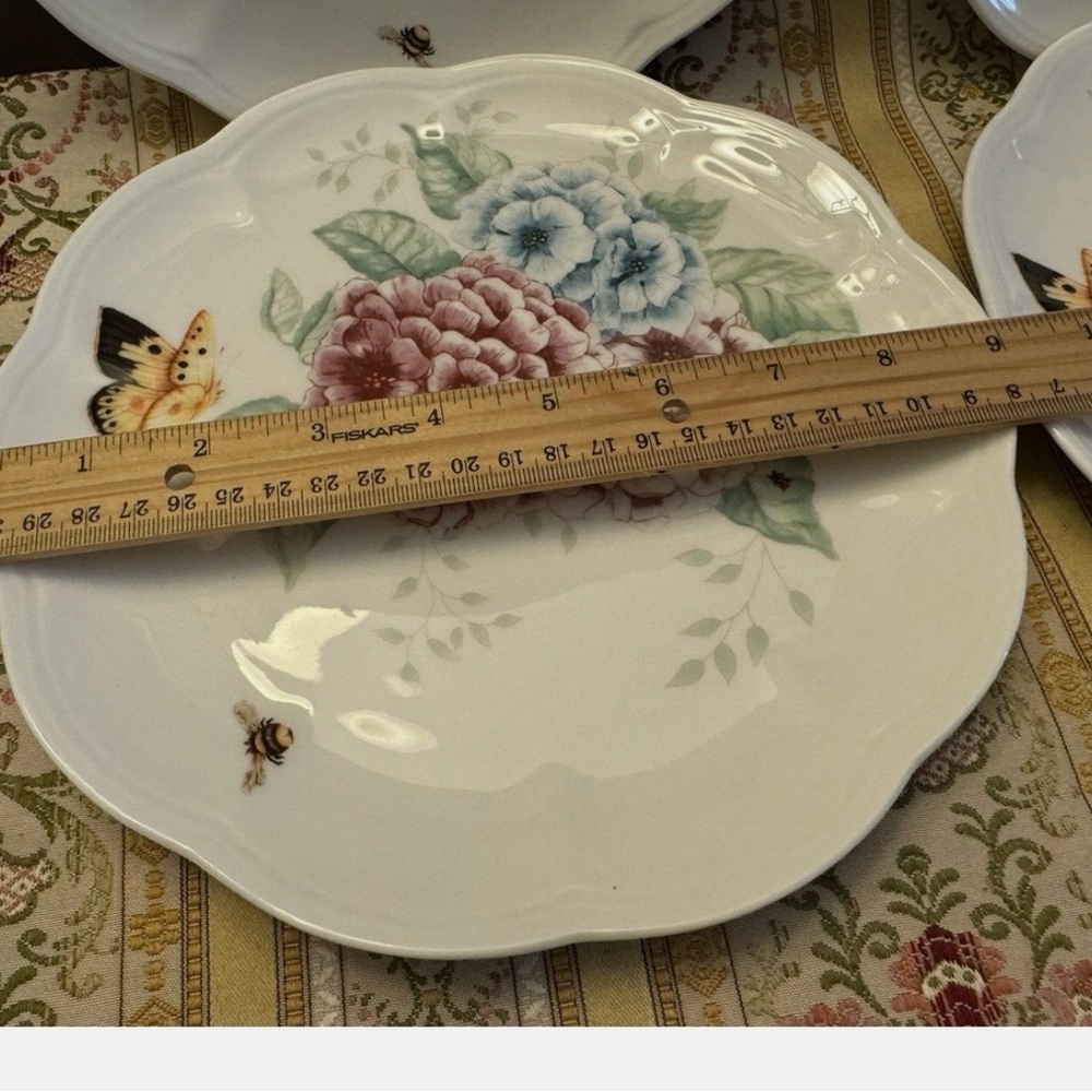 Porcelain Floral Butterfly Dinner Plate in White with Pink & Blue Accents